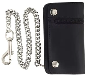 RFID Blocking Men’s Tri-fold Vintage Long Style Cowhide Top Grain Leather Steel Chain Wallet