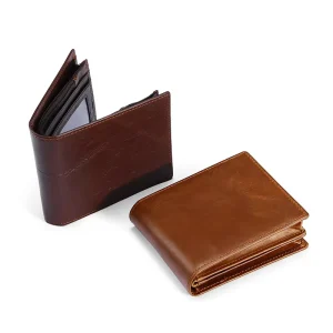 RFID Blocking Purse Bifold Card Holder Soft Genuine Leather Brown Men Wallet with ID Window