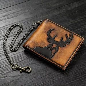 RFID Genuine Leather Men’s Wallet with ID Window and Multiple Card Slots Durable Chain Cartera Hombre Male Fashion Money Bag