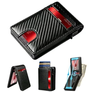 RFID Men Wallet Magnetic Minimalist Carbon Fiber Card Holder Pop up Metal Case Id Bank Credit Cardholder Bifold Smart Wallets