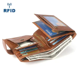 RFID Men’s Wallets Genuine Leather Retro Large Capacity ID Bank Credit Card Holder Coin Purse Trifold Short Wallets for Men