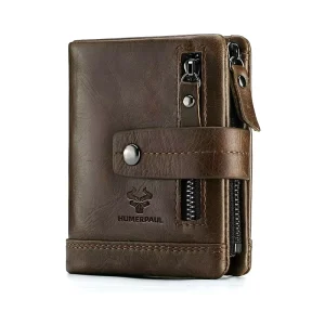 RFID Vintage Men’s Genuine Leather Short Zipper Coin Purse Wallet with Polyester Lining