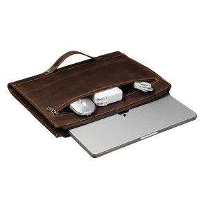 Ready Stock 14 Inch Retro Genuine Leather Laptop Sleeve Bag Men’s Coffee Brown Briefcase with Large Capacity for Mac Pro M1