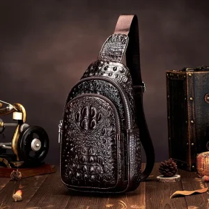 Real Cowhide Leather Crocodile Pattern Men’s Genuine Leather Waterproof Zipper Closure Crossbody Shoulder Chest Bag