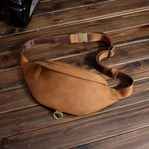 Real Leather Men’s Sports Waist Bag Top Layer Cowhide Multifunctional Mobile Phone Waist Bag Men’s Retro Fashion Chest Bag