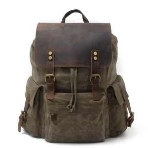 Retro Canvas Leather Unisex Rucksack Large Capacity Outdoor Waterproof Hiking Backpack Daily Casual Backpack