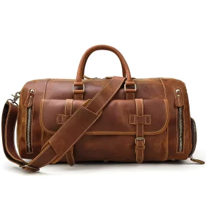 Retro Crazy Horse Skin Travel Bag Men’s Leather Handbag One Shoulder Oblique Span Bag with Shoe Bit Cowhide Duffel Bag