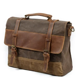 Retro Crazy Leather Men’s Waterproof Crayon Canvas Crossbody 16.5″ Laptop Bag