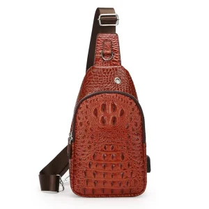 Retro Crocodile Pattern Men’s Large Capacity Messenger Bag Multi Pocket Crossbody Chest Bag