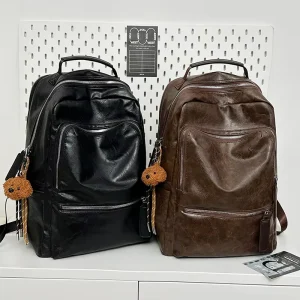 Retro Double Shoulder Bag Laptop Backpack for Students Large Capacity PU Leather Men’s Business Casual Travel Bag