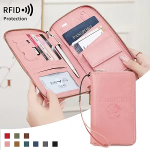 Retro Fashion Long Zipper Passport Bag Passport Clip with ID Window and Coin Purse RFID Blocking Travel Business Passport Holder