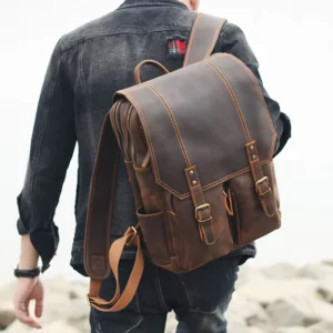 Retro Fashion Style Big Capacity Men’s Leather Backpack Real Cowhide Leather Travel Bag for 15.6″ PC