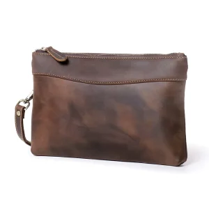 Retro Genuine Leather Men’s Clutch Anti-Theft Zipper Long Envelope Wallet Crazy Horse Handbag Long Wallet Men’s Bag
