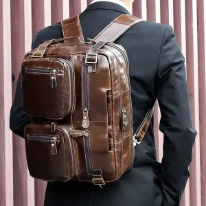 Retro Genuine Leather Men’s Hard Bag Briefcase Laptop Backpack Casual Single Shoulder Waterproof Durable Anti-Theft 14-Inch