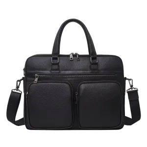 Retro Handmade Vegetable Tanned Leather Men’s Handbag Top Layer Horizontal Business Men Briefcase with Two Zipper Pockets
