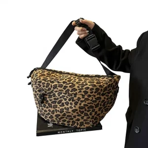 Retro Leopard Print Men’s Chest Bag Casual Canvas Large Capacity Phone Pocket Fashionable Versatile European American Style Bag