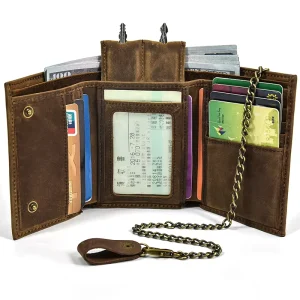 Retro Men’s Crazy Horse Leather Wallet Multi-Card with Key Position and Chain