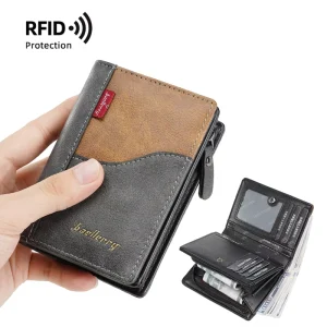 Retro Men’s RFID Protected PU Leather Zipper Wallet Multi-Slot Short Purse with Polyester Lining Credit Card Holder with Button