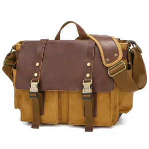 Retro Men’s Shoulder Bag Batik Canvas with Top Grain Leather Crossbody Bag Casual Shoulder Bag Camera Bag