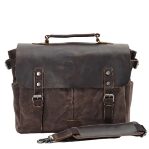 Retro Men’s Sling Bag Business Briefcase Waxed Canvas Crazy Horse Leather Shoulder Bag Trendy Men’s Sling Handbag