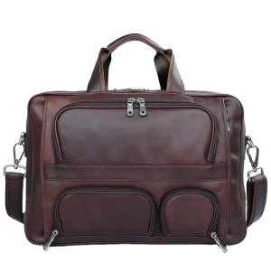 Retro Men’s Solid Color Upper Leather Briefcase Large Capacity Portable Shoulder Bag Casual Business 17 Inch Laptop Bag