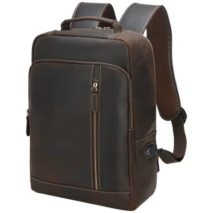 Retro ODM OEM Custom Logo Men’s Genuine Cow Leather Backpack Bag for Daily Dark Brown Black Full Grain Leather Laptop Back Pack