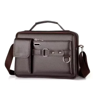 Retro Style Men’s PU Leather Waterproof Briefcase Messenger Bag Fashion Business Travel Zipper Closure Polyester Lining