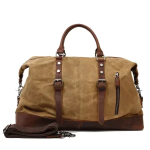 Retro Waxed Canvas Leather Waterproof Travel Duffle Bag for Men Large Holdall Weekender Tote with Shoulder Strap