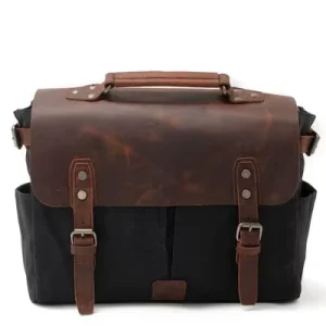 Retro Waxed Canvas with Crazy Horse Leather Crossbody Bag Business Briefcase Handheld Crossbody Bag Men’s Fashion Shoulder Bag