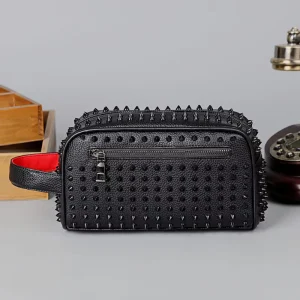 Rivet Hand Bag Men’s PU Clutch Bag Zipper Closure Waterproof Durable Soft Handle Simple Fashion Youth All Match Contrast Color