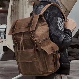 Rucksack Rolling Casual Sports Men’s Waxed Canvas Vintage Laptop Backpack Waterproof RFID Protection Polyester Large