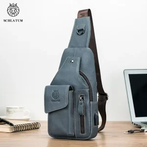 SCHLATUM 100% Cowhide Leather Blue Casual Men USB Cross Body Chest Sling Bags with Phone Pocket and Earphone Hole