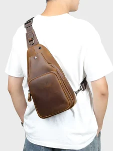 SCHLATUM High Quality Men’s 100% Genuine Leather Chest Sling Bags Vintage Fashion Style with Earphone Hole