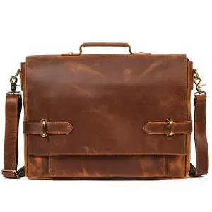Simple Messenger Bag Vintage Business Bag 14″ Laptop Bag Men Crazy Horse Leather Briefcase