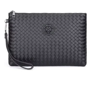 Sleek Black Men’s PU Leather Woven Clutch Bag Durable Anti Scratch Material with Detachable Wrist Strap Ideal for Work Travel