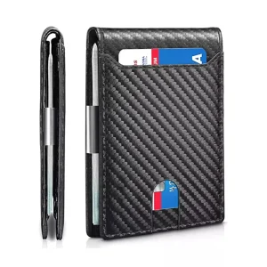 Slim Bifold Front Pocket Minimalist Card Holder RFID Blocking Carbon Fiber Faux Leather Wallet with Money Clip