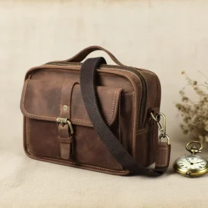 Small Crazy Horse Genuine Leather Messenger Bag for Men Convertible Handbag with Detachable Strap Summer Shoulder Bag