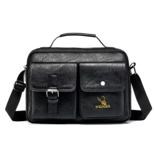Soft Genuine Leather Men’s Briefcase Black Messenger Bag Shoulder Bag for Travel Office Document