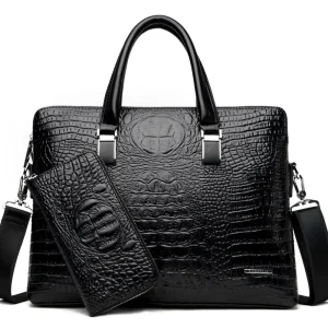 Soft Handbag Black Crocodile Pattern Double Pull Crossbody Shoulder Computer Bag PU Waterproof Unisex