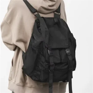Solid Black Men’s Backpack Streetwear Style Harajuku Large Capacity School Bag Waterproof Nylon Bag for Men