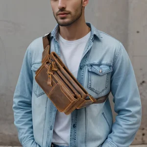 Spot Custom Genuine Leather Waterproof Vintage Pillow Shape Men’s Waist Messenger Chest Bag Zipper Multifunctional Outdoor