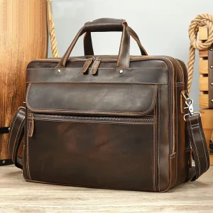 Spot Custom Men’s Crazy Horse Genuine Leather Zipper Closure Waterproof Soft Business Travel Briefcase Retro Large Capacity