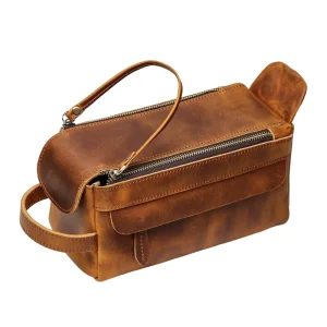 Spot Custom Vintage Multifunctional Genuine Leather Men’s Cosmetic Handbag Large Capacity Crazy Horse Leather RFID Blocking