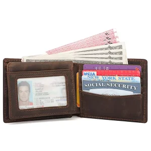 Spot Short Slim Crazy Horse Leather Men’s Wallet Bifold RFID Blocking Men’s Wallet Leather Men’s Wallet