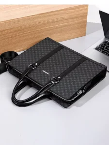 Stylish Monogram Pattern PU Leather Men’s Handbag Business Work Bag for Documents and Laptop with Zipper Closure