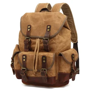 Stylish Vintage Summer Fashion Waterproof Travel Hiking Backpacks Waxed Canvas Leather Men’s Laptop with Polyester Lining