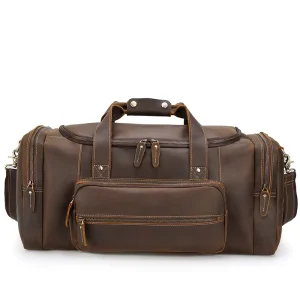 TIDING High End Retro Men’s Genuine Leather Travel Duffle Bag Large Capacity Holdall Duffel Bag with Zipper Closure