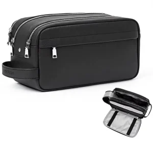 TIGERGOODS Men’s Thickened Leather Water resistant Dopp Kit Travel Bag Open Closure Gym Shower Bathroom Organizer Gift