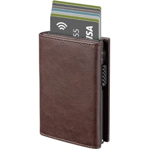 Three Fold RFID Blocking Genuine Leather Pop up Wallet Coin Purse Personalized Id Credit Card Holder for Men