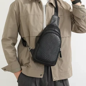 Top Grain Leather Men’s Sling Bag Multi Pocket Crocodile Texture Crossbody Bag for Commute and Sports